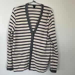 J.Crew Sz L striped V-neck cardigan sweater cream & navy with metallic trim